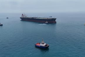 Drone view of oil tanker HELGA berthed at one of Iraq's southern offshore oil terminals near Basra as it prepares to load crude oil, becoming the second vessel to arrive since the closure of the Strait of Hormuz, April 24, 2026.