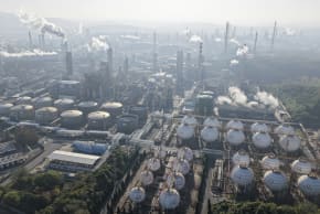 An aerial view shows a petrochemical plant in operation by the Yangtze River in Nanjing, in eastern China's Jiangsu province November 26, 2025.