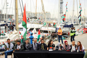 Global Sumud Flotilla Steering Committee members attend a press conference as humanitarian flotilla prepares to depart for Gaza, from Barcelona, Spain, April 12, 2026.
