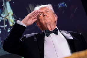 US President Donald Trump salutes during the annual White House Correspondents' Association dinner in Washington, DC, US, April 25, 2026.