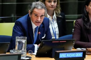 Rafael Mariano Grossi, candidate for the position of the next Secretary-General, speaks during a dialogue with delegations while candidates for the position of new United Nations Secretary General are interviewed at U.N. headquarters in New York City, U.S., April 21, 2026.