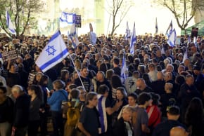 Israeli left-wing activists demonstrate in HaBima Square against the ongoing war with Iran and against the Israeli government, in Tel Aviv on April 25, 2026.