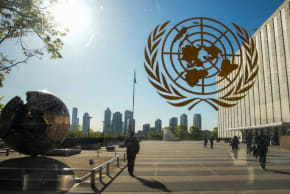 People arrive at the United Nations headquarters before a meeting on the Nuclear Non-Proliferation Treaty at the UN, in New York City, US, April 27, 2026.