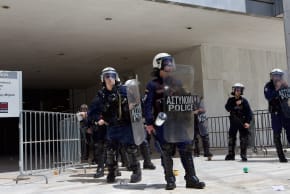 Greek riot police mobilize near a courthouse in Athens, April 24, 2026; illustrative.