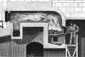 Furnace of the type to be installed in the Pere la Chaise crematorium, Paris, 1888.