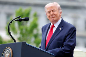 US President Donald Trump gives a speech during the State Arrival Ceremony on the South Lawn on day two of the State Visit of King Charles III and Queen Camilla to the United States of America, on April 28, 2026 in Washington, DC.  