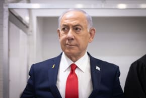 Prime Minister Benjamin Netanyahu arrives to the courtroom at the Distrcit court in Tel Aviv, before the start of his testimony in the trial against him, October 28, 2025.