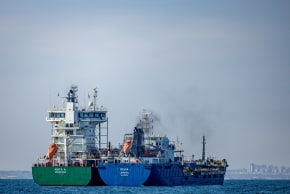CARGO SHIPS with containers are seen off the coast of of the southern Israeli city of Ashdod, August 6, 2024. Illustrative.
