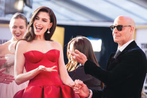 REUNITED AND IT FEELS so red (from L): Emily Blunt (Emily Charlton); Anne Hathaway (Andy Sachs); and Stanley Tucci (Nigel Kipling) attend ‘The Devil Wears Prada 2’ world premiere at New York City’s Lincoln Center, April 20.