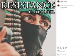 A post from Saiqa Ali's Instagram posted during September 2024 with a picture of an armed Hamas fighter with the slogan 'Resistance is freedom'