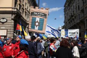 JEWISH COMMUNITY members hold Jewish Brigade sign as they participate in the 79th anniversary of the Liberation Day that commemorates the victory of the Italian resistance movement against Nazi Germany and the Italian Social Republic, in Milan, Italy, April 25, 2024.