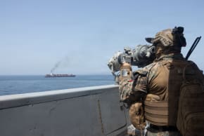US forces patrol the Arabian Sea near M/V Touska on April 20, 2026.