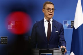 Finland's President Alexander Stubb attends a joint press conference with NATO Secretary General Mark Rutte (not pictured) in Brussels, Belgium November 17, 2025.