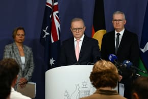 Australia's Prime Minister Anthony Albanese (C) speaks on the Royal Commission on last year's mass shooting incident in Sydney on April 30, 2026.