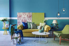 Modern apartment living room in turquoise tones