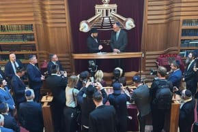 German Chancellor Friedrich Merz with Berlin's Chabad rabbi, Rabbi Yehuda Teichtal, at Berlin's synagogue.