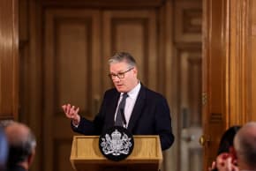 Britain's Prime Minister Keir Starmer speaks during a meeting with leaders from across society to discuss tackling antisemitism, at Downing Street in London, Britain.
