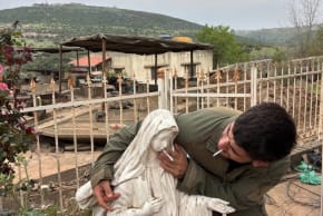 AN IDF soldier puts a cigarette in the mouth of a statue of the Virgin Mary.