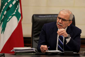 Lebanese Prime Minister Nawaf Salam speaks to journalists at the government headquarters in Beirut, Lebanon, December 3, 2025.