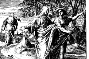 RUTH JOINS her mother-in-law, Naomi, in traveling to the Land of Israel, while Orpah turns back to Moab after accompanying them for a stretch. King David will descend from Ruth, and Goliath from her sister-in-law.