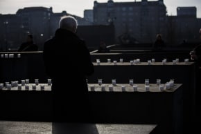 People attend a commemoration of the victims of the Holocaust at the Memorial to the Murdered Jews of Europe on the 75th anniversary of the liberation of the Auschwitz death camp on January 27, 2020 in Berlin, Germany. 