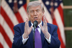 U.S. President Donald Trump delivers remarks at a 'Rose Garden Club' dinner for National Police Week in the Rose Garden at the White House on May 11, 2026 in Washington, DC.