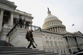 A member of the US Capitol police patrols following a vote in the US House of Representatives on a bipartisan war powers resolution aiming to stop Operation Epic Fury against Iran, on Capitol Hill, in Washington, DC, US, March 5, 2026. (photo credit: REUTERS/Nathan Howard)