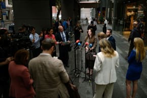 SHEINA GUTNICK, whose father was killed in a mass shooting at Bondi Beach, speaks to the media after the first hearing block of the Royal Commission on Antisemitism and Social Cohesion in Sydney on May 4, 2026. 