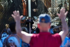 U.S. House Speaker Mike Johnson (R-LA) leads a prayer at the Rededicate 250: A National Jubilee of Prayer, Praise & Thanksgiving at the National Mall in Washington, D.C., U.S., May 17, 2026. 