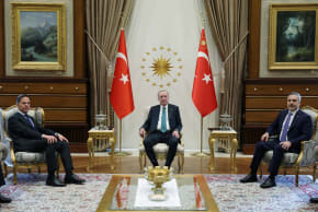 Turkey’s President Recep Tayyip Erdogan, accompanied by Foreign Minister Hakan Fidan, meets with NATO Secretary-General Mark Rutte in Ankara, last April. Ankara is quietly assembling the architecture of permanent regional power, the writer says.