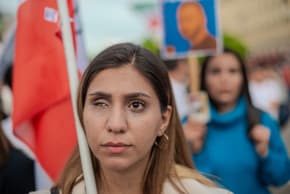 Kosar Eftekhari, an Iranian student blinded by the Iranian police in Iran, participates in a rally against a death sentence given to Toomaj Salehi, a popular Iranian rapper after he was accused of singing pro-women led protests in Berlin, Germany on Sunday, April 28, 2024.