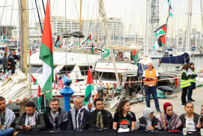 Global Sumud Flotilla Steering Committee members Susan Abdallah, Muhammad Nadir Al-Nuri, Suemeyra Akdeniz Ordu, Maimon Herawati, Thiago Avila and Saif Abukeshek, Eva Saldana, Greenpeace Spain; Maria Serra, GSF Catalunya and Oscar Camps, Open Arms attend a press conference as humanitarian flotilla pr