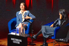 Sally Rooney, left, promotes her novel "Intermezzo" at London’s Southbank Centre, Sept. 25, 2024.