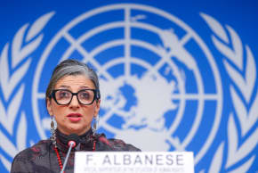 Francesca Albanese, UN special rapporteur on human rights in the Palestinian territories, attends a news conference during the Human Rights Council at the United Nations in Geneva, Switzerland, March 24, 2026.