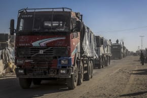 Humanitarian aid enters Gaza through the Rafah border crossing from Egypt, in Khan Yunis in the southern Gaza Strip, on March 16, 2026. 
