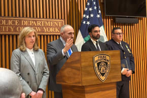 NYPD Commissioner Jessica Tisch, JCRC CEO Mark Treyger, and Mayor Zohran Mamdani speak at a press conference on May 28, 2026.