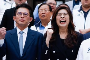 Cheng Li-wun, chairperson of the Kuomintang (KMT), Taiwan's largest opposition party, speaks at party headquarters in Taipei, Taiwan April 15, 2026.