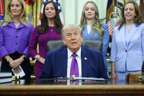 US President Donald Trump, joined by lawmakers and healthcare industry professionals, answers a reporters question during an event on maternal healthcare in the Oval Office of the White House on May 11, 2026 in Washington, DC.