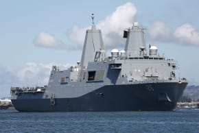 he U.S. Navy amphibious transport dock ship USS John P. Murtha sails through San Diego Bay en route to Naval Base San Diego with the Artemis II mission Orion spacecraft onboard on April 11, 2026 in San Diego, California.