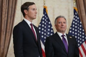 Jared Kushner, left, and Steve Witkoff, Special Envoy for Peace Missions listen as Vice President JD Vance speaks during a news conference after meeting with representatives from Pakistan and Iran, April 12, 2026 in Islamabad, Pakistan.