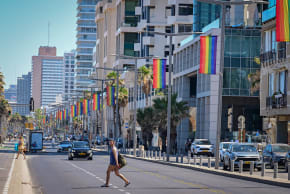 Pride flags are seen near a beach in Tel Aviv ahead of the city’s annual Pride Parade scheduled for next week, June 6, 2026. 