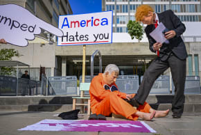 ACTIVISTS PROTEST against Prime Minister Benjamin Netanyahu and his government outside the District Court in Tel Aviv, on June 16, 2026.