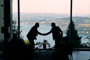 Delegation staff members meet during the quadrilateral meeting in Switzerland between the US, Iran, Pakistan, and Qatar on June 21, at the Lake Lucerne Summit, aimed at advancing a deal to end the Middle East conflict.