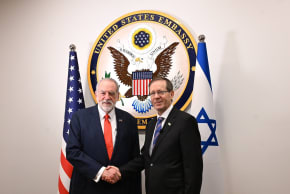 President Isaac Herzog and US Ambassador to Israel Mike Huckabee at the US Embassy in Jerusalem, July 3, 2026.