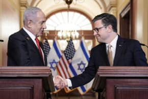 US Speaker of the House Mike Johnson (R), Republican from Louisiana, shakes hands with Prime Minister Benjamin Netanyahu as they speak to the press at the US Capitol following their closed-door meeting in Washington, February 7, 2025; illustrative.