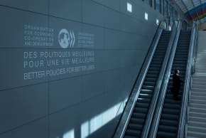 A photo shows a view of the Organisation for Economic Cooperation and Development (OECD) headquarters in Paris on September 22, 2025