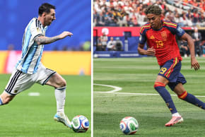 Argentina's star Lionel Messi, left, in Atlanta on Jul. 7, 2026, and Spain's star Lamine Yamal in Inglewood on Jul. 2, 2026. Spain and Argentina will meet in the 2026 World Cup football tournament final match at the New York/New Jersey Stadium in East Rutherford on July 19, 2026.