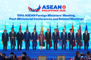 ASEAN Secretary-General Kao Kim Hourn, other South Asian Foreign Ministers during the opening ceremony of the ASEAN Foreign Ministers' Meeting at the Philippine International Convention Center in Pasay city, Philippines, July 21, 2026.