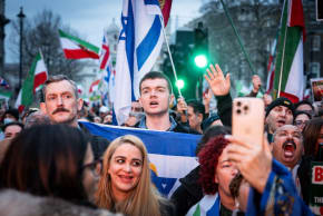 Brodie Mitchell campaigning against Iran’s Islamic Revolutionary Guard Corps outside the UK prime minister’s residence on Downing Street in London. 