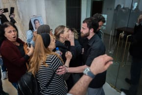 Bereaved families opposing a state commission of inquiry protest outside a hearing on a petition demanding the formation of a state commission of inquiry into the October 7 massacre at the Supreme Court in Jerusalem, April 23, 2026.